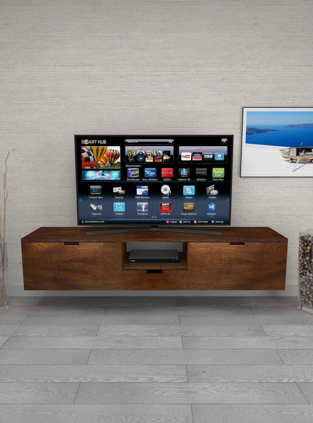 Mobile TV sospeso di design in legno di noce nazionale