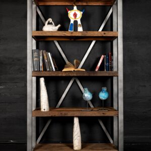 Mobile libreria con struttura in metallo con ripiani legno antico, stile industriale “Oakland”