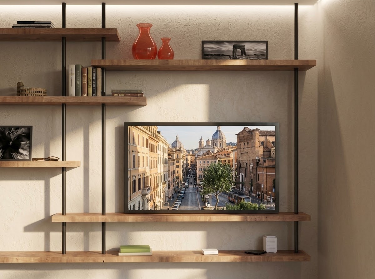 Libreria porta tv attacco a soffitto stile industriale