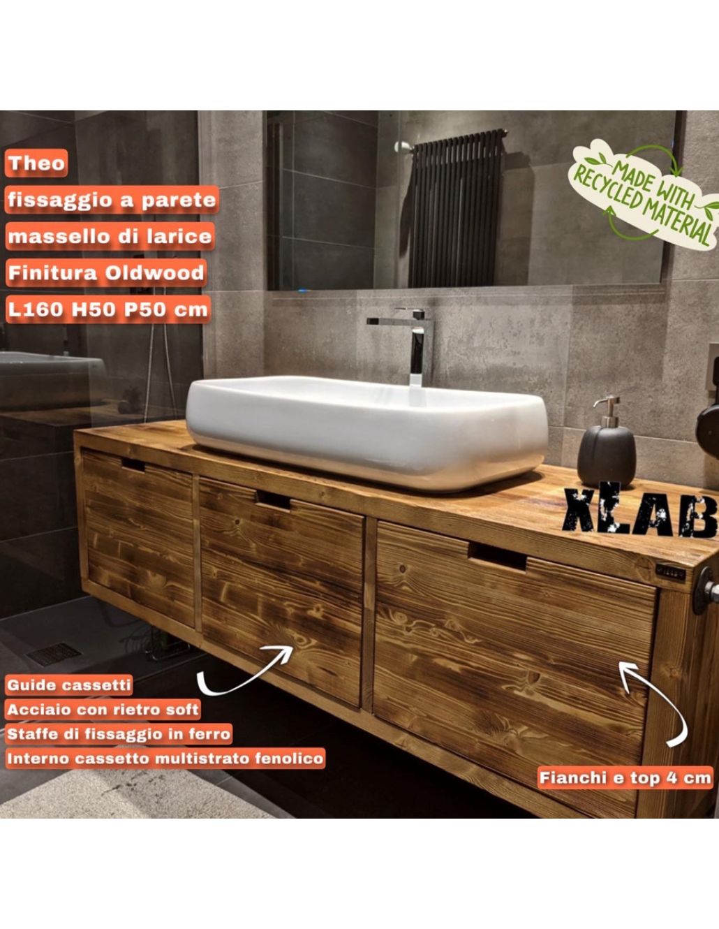 Mobile bagno sospeso in legno rustico con cassetti rovere bruciato - su  misura solo x te! - XLAB Design