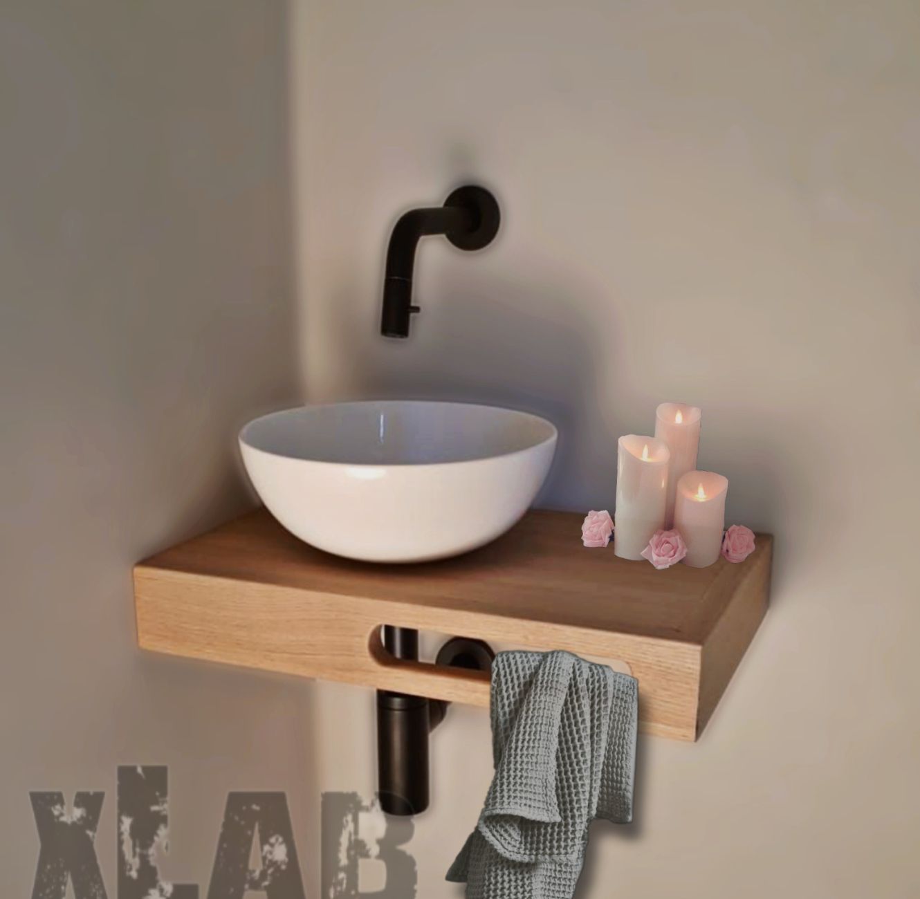 Mini bagno sospeso in legno massello con lavabo e porta asciugamani -  60x38H12 - XLAB Design