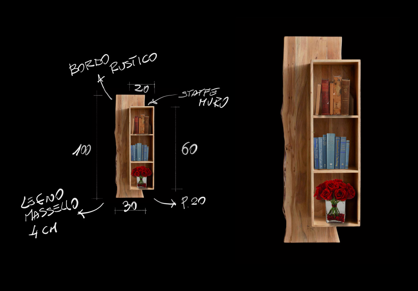 Mensola porta libri da parete legno taglio tronco e scaffale con ripiani -  XLAB Design