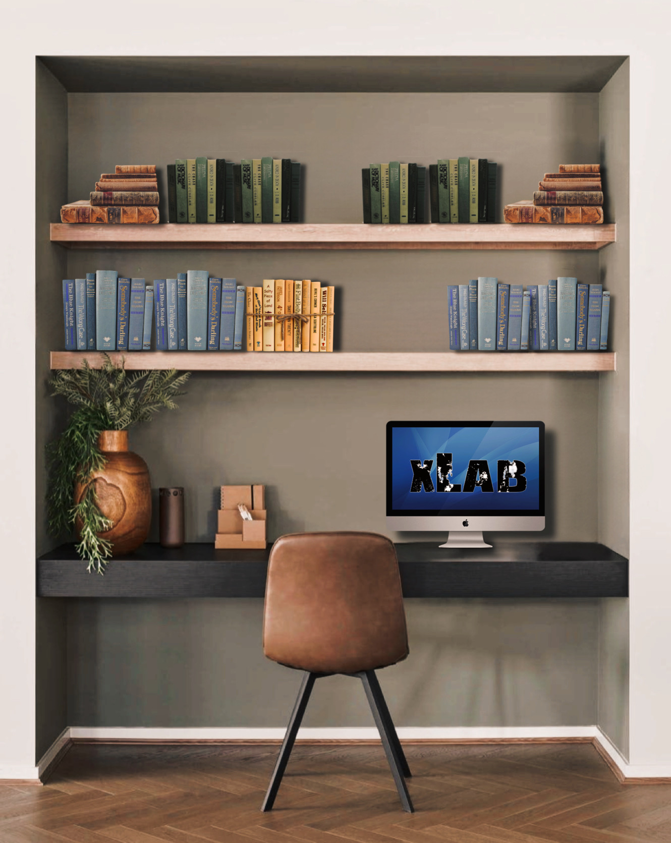 Postazione smart working nella zona living scrivania più mensole sospese in  legno massello - XLAB Design