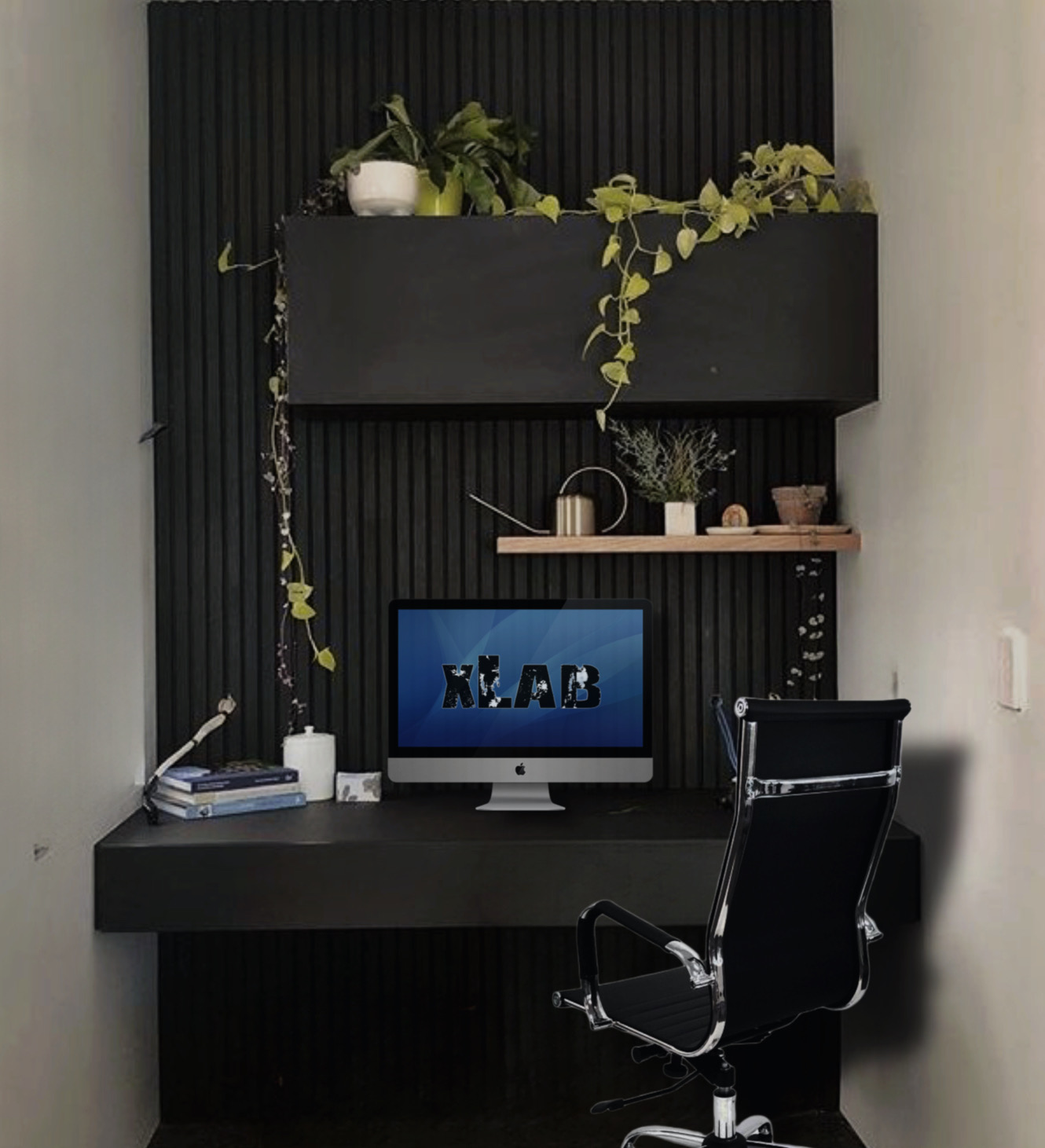 Scrivania da parete sospesa con rivestimento listelli in legno colore nero  - smart working - XLAB Design