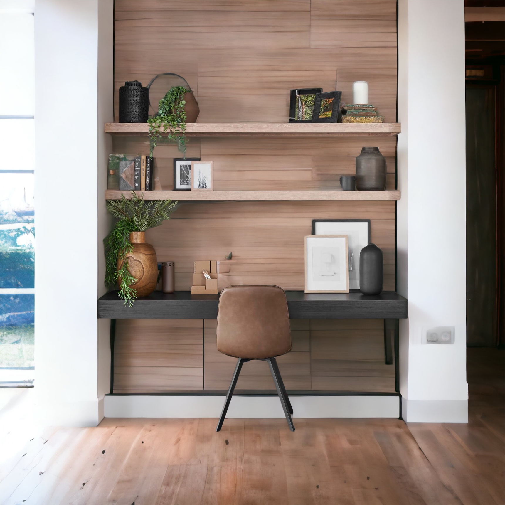 Postazione smart working nella zona living scrivania più mensole sospese in  legno massello - XLAB Design