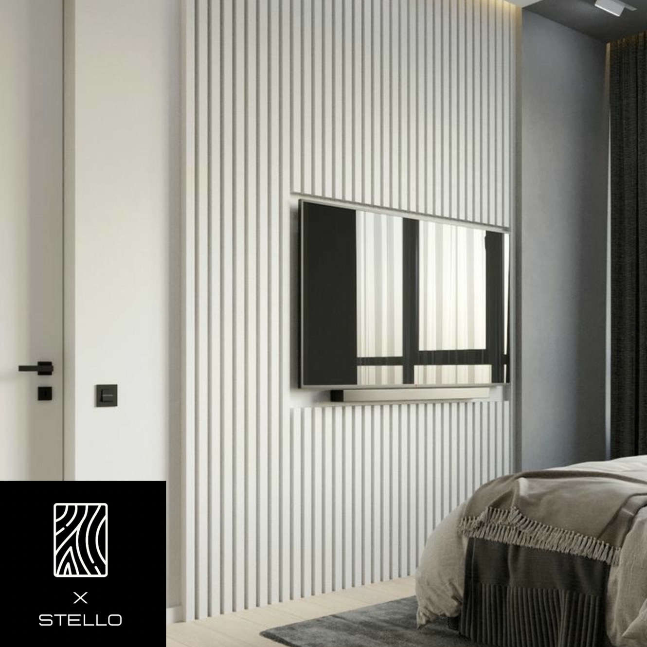Parete listelli in legno porta TV colore bianco rivestimento da parete  design italiano - XLAB Design