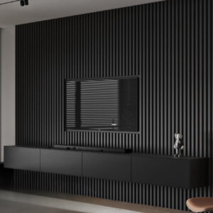 Mobile parete da soggiorno con listelli di legno e cassetti sospesi nero All black