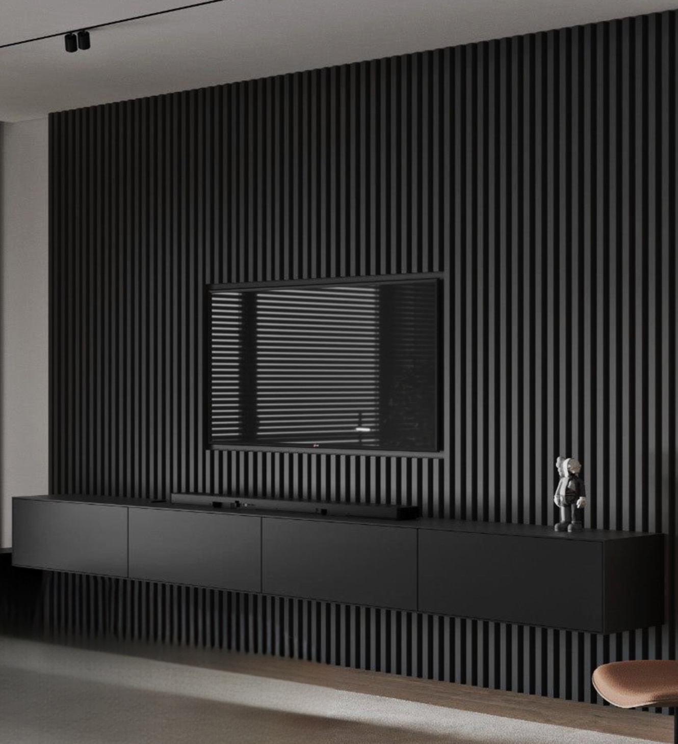 Mobile parete da soggiorno con listelli di legno e cassetti sospesi nero  All black - XLAB Design