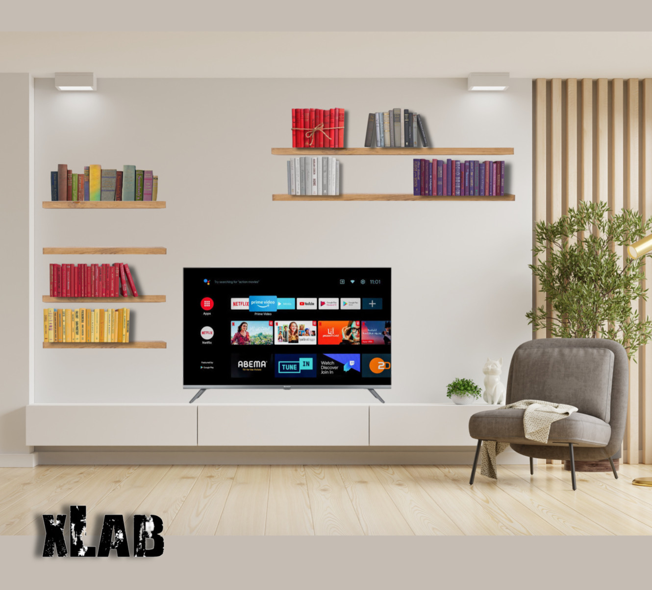 Mobile parete soggiorno porta TV cassetti sospesi bianco  mensole da  parete e rivestimento listelli verticali - XLAB Design