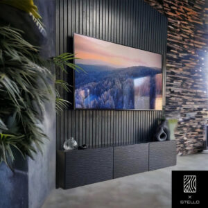 Parete attrezzata porta TV moderna listelli in legno verticali nero opaco