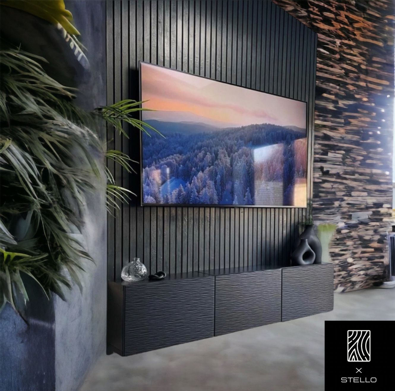 Parete attrezzata porta TV moderna listelli in legno verticali nero opaco -  XLAB Design