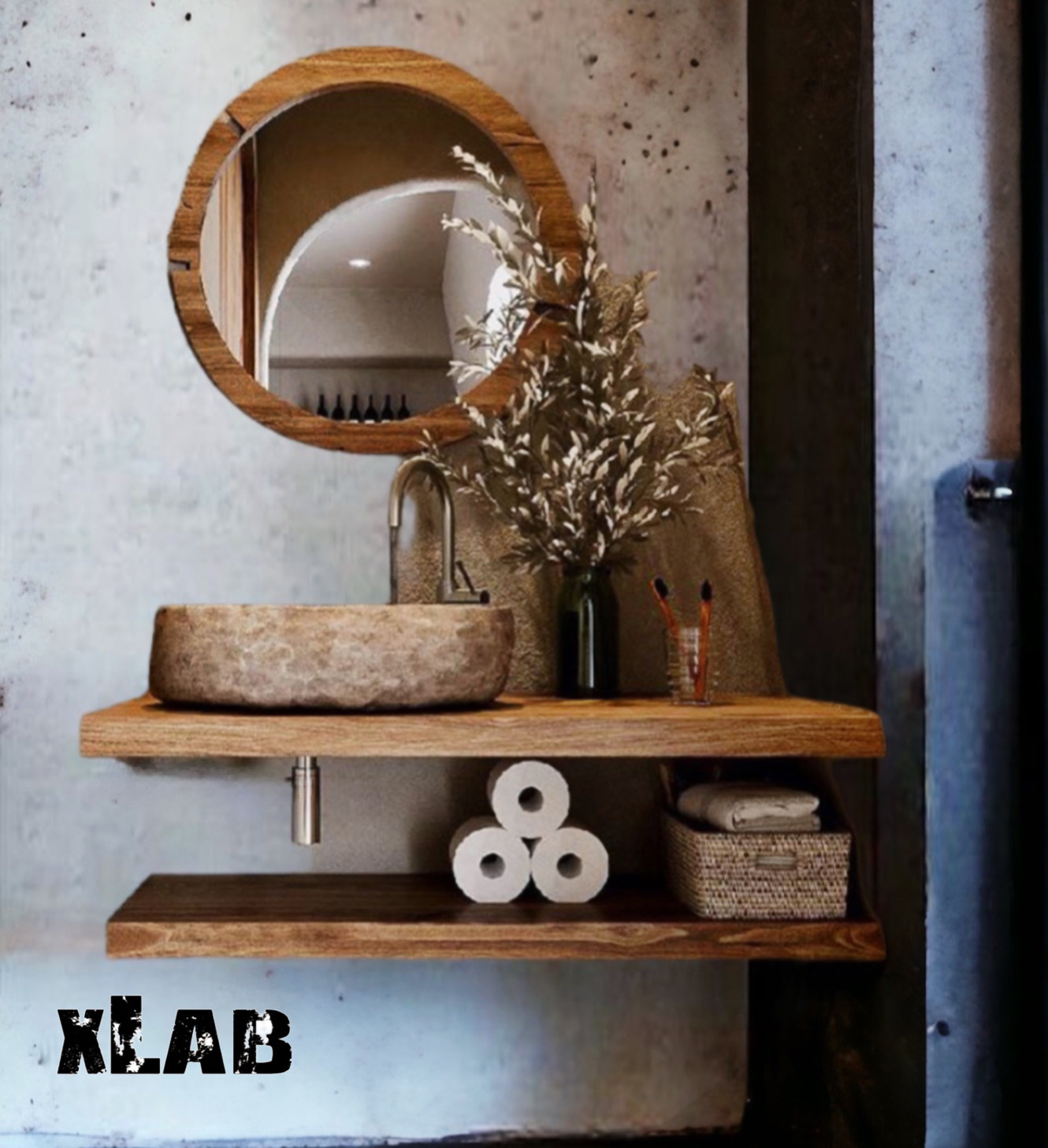 Mensole per lavabo d'appoggio 80 x 45 cm in legno massello finitura rovere  - XLAB Design