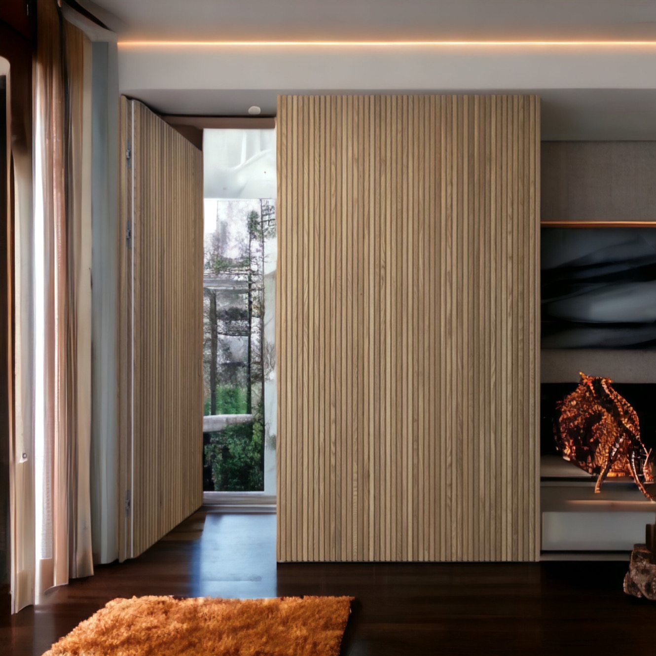 Parete divisoria con porta scomparsa e rivestimento in listelli di legno  divide gli ambienti - XLAB Design
