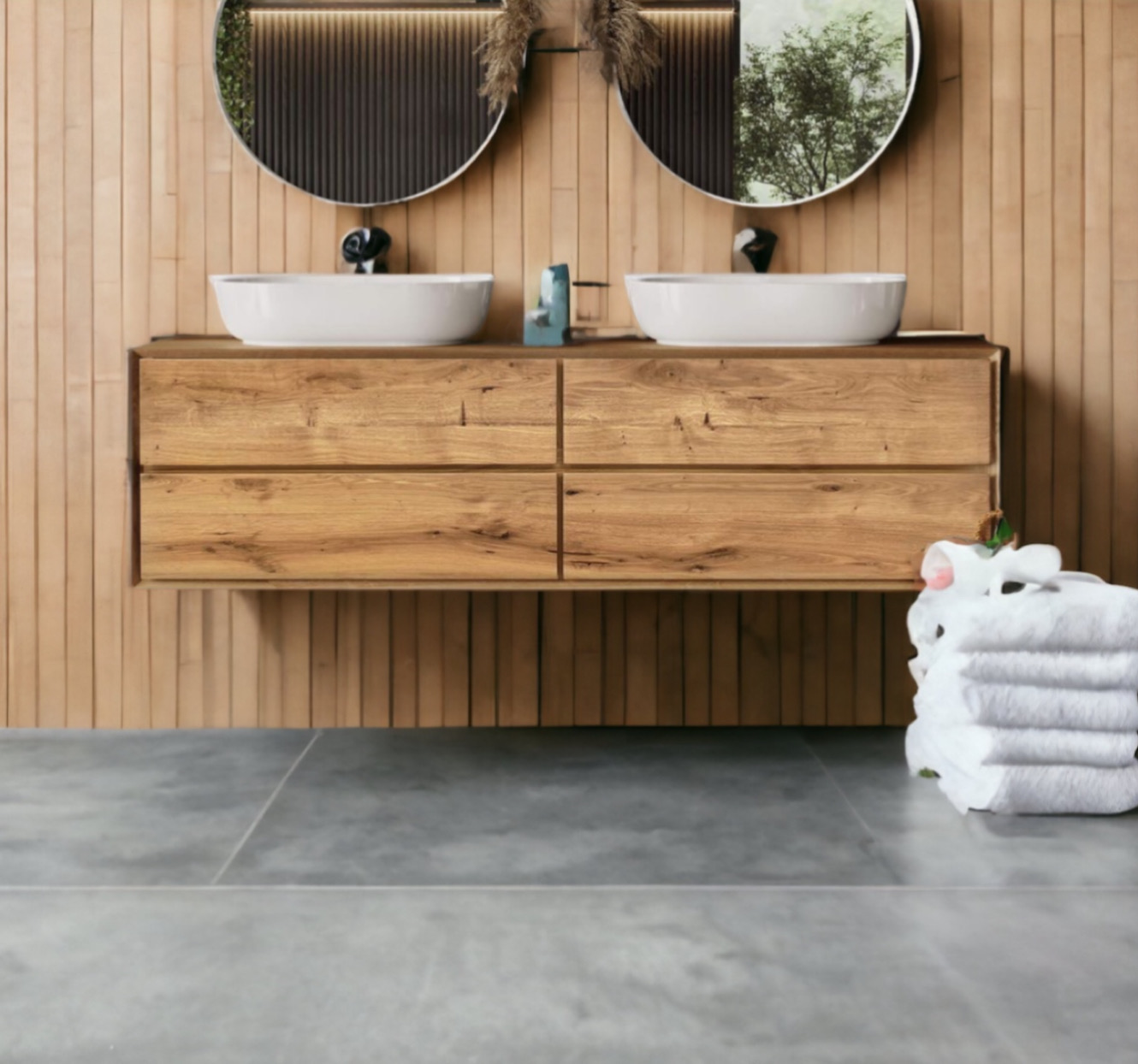 Arredo bagno mobile sospeso in legno per lavabo con 4 cassetti