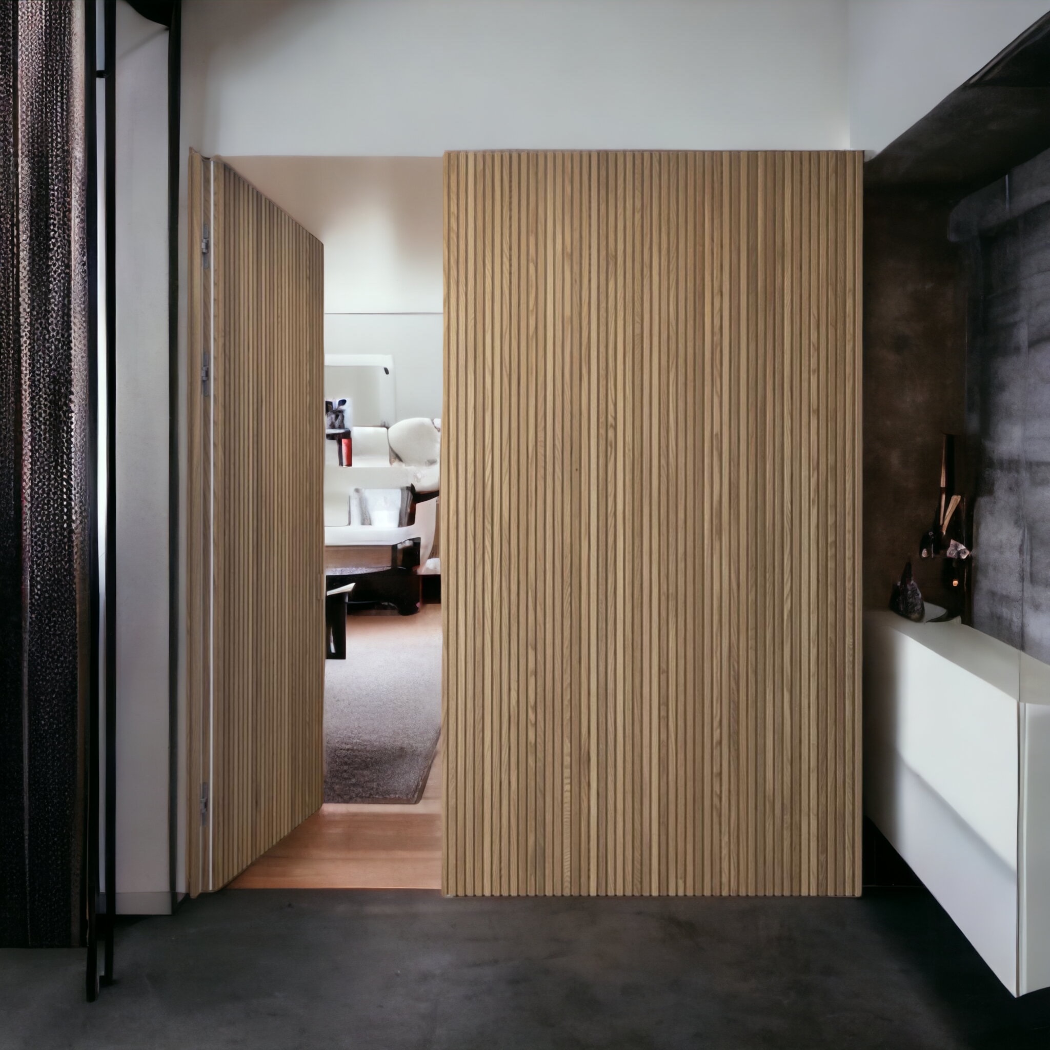 Parete divisoria muratura prefabbricata con porta scomparsa e rivestimento  in listelli di legno versione completa - XLAB Design