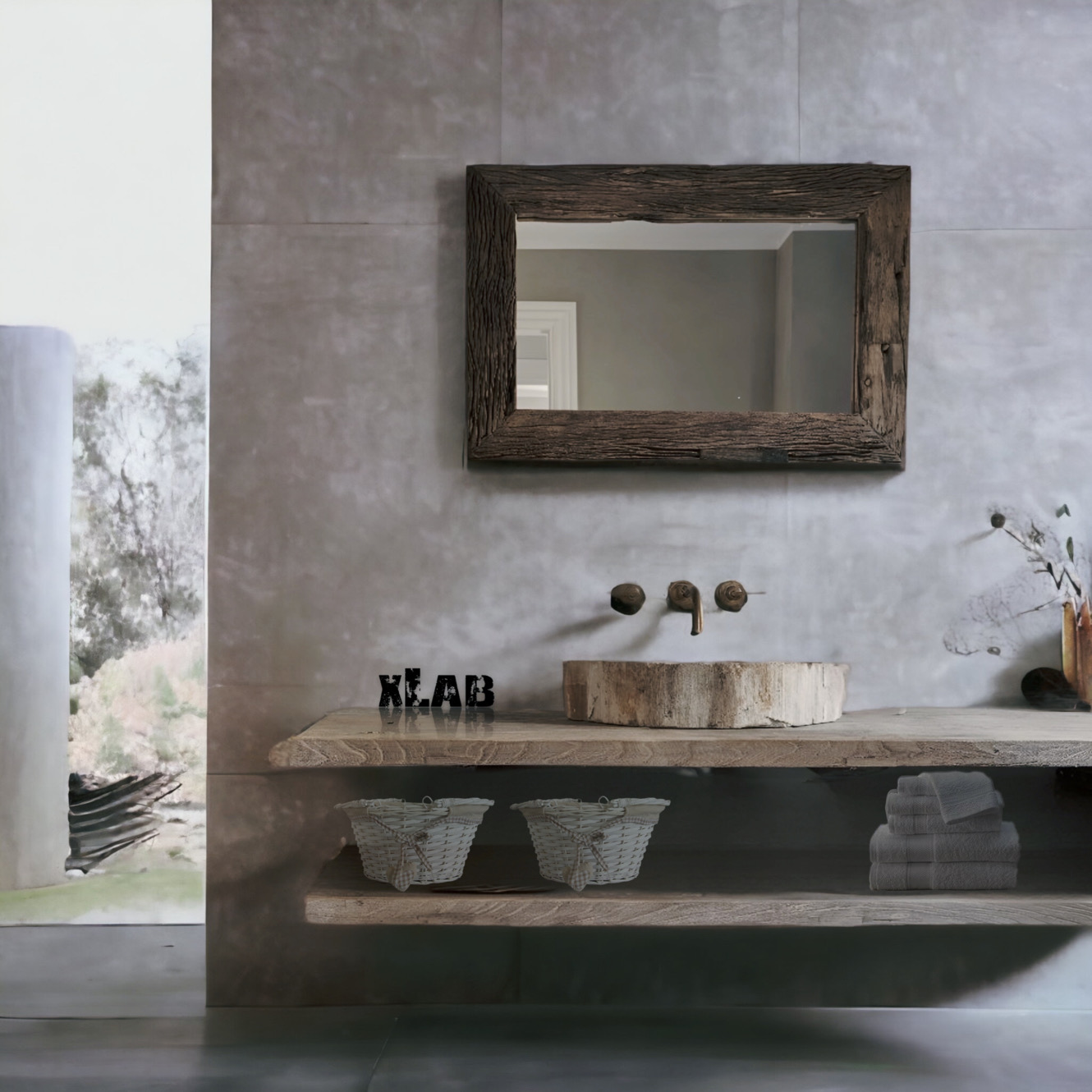 Mensole da bagno per lavabo d'appoggio in legno massello rustico colore  grigio L 150 × 50 cm - XLAB Design