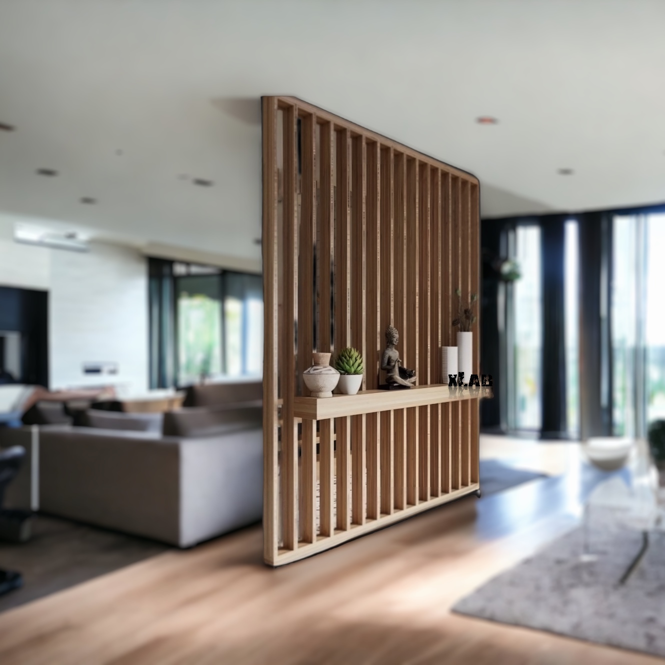Parete divisoria listelli di legno verticali con mensola - senza bucare il  pavimento e soffitto - XLAB Design