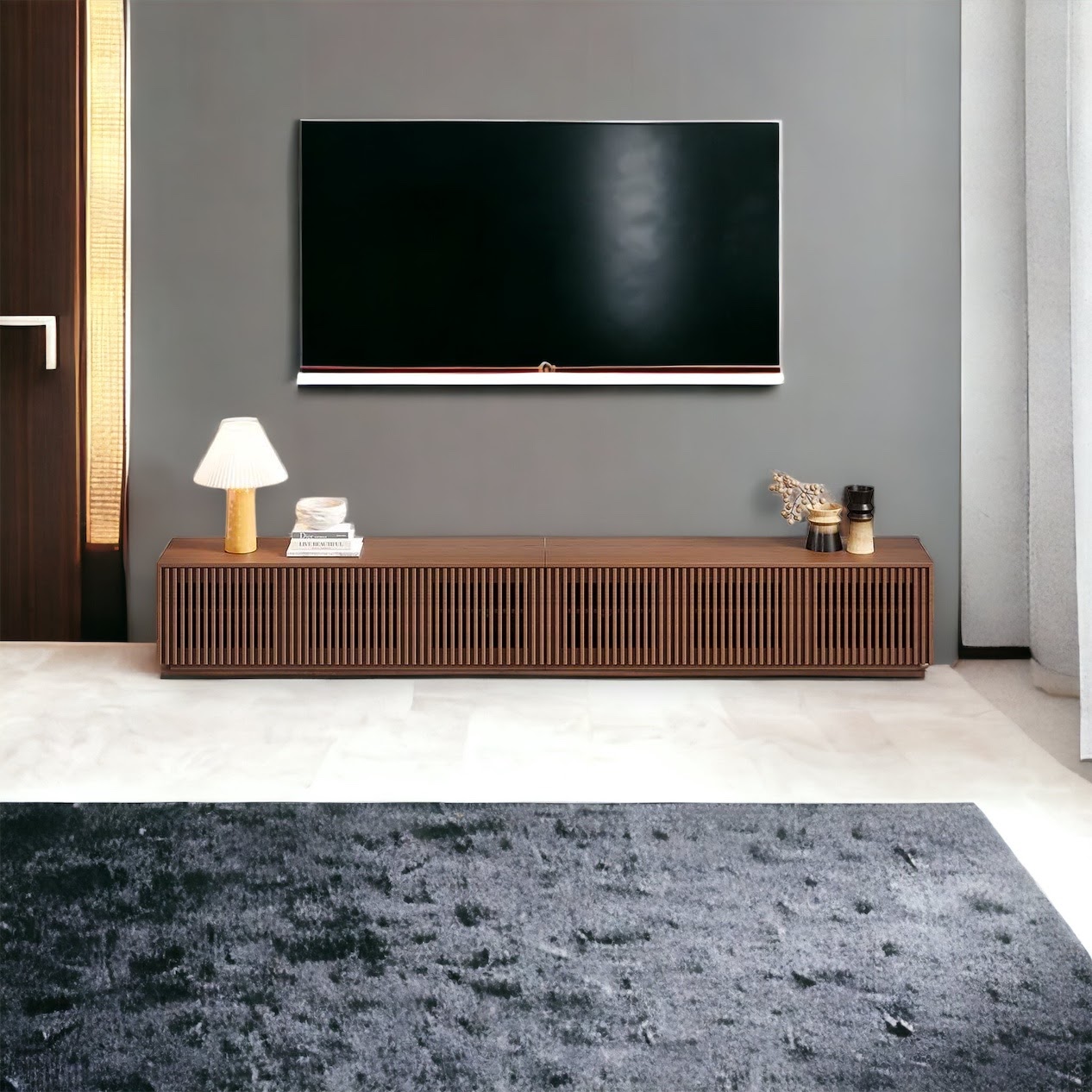 mobile porta TV basso con listelli di legno design moderno Woody large 280  cm colore teak - XLAB Design