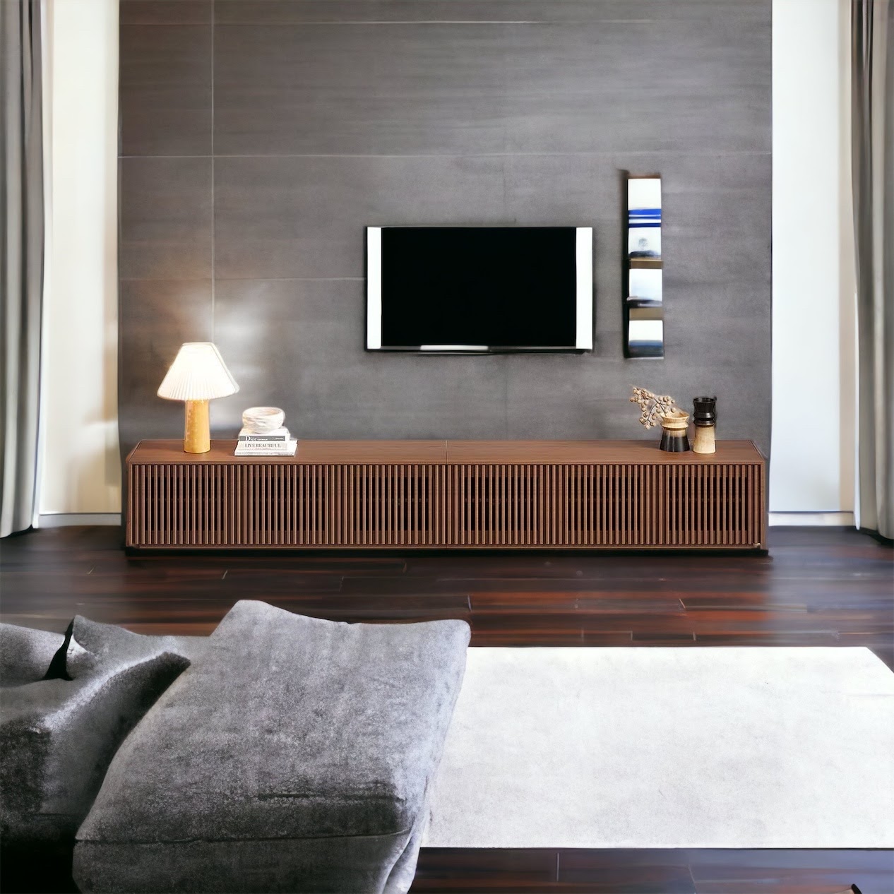 mobile porta TV basso con listelli di legno design moderno Woody
