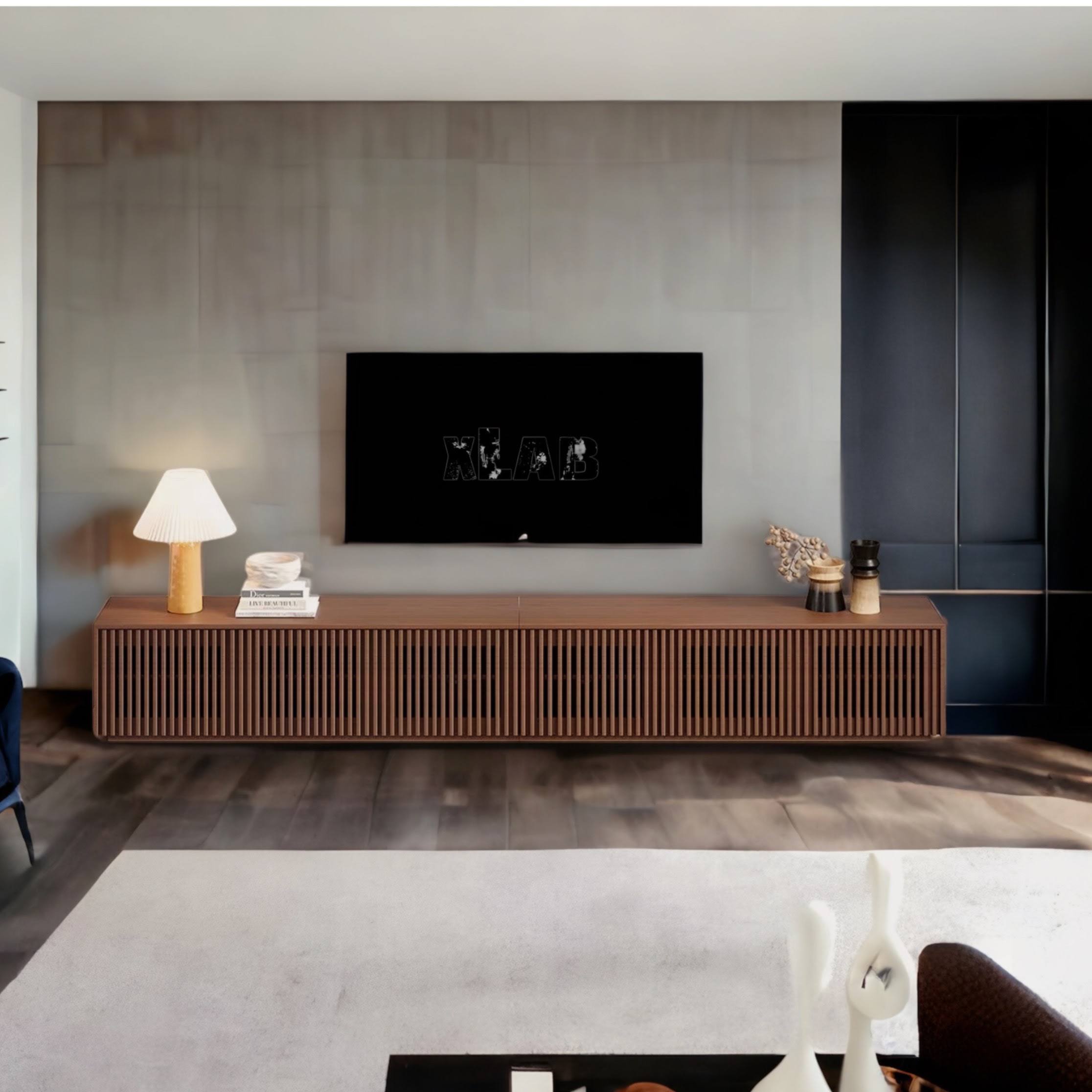 mobile porta TV basso con listelli di legno design moderno Woody large 280  cm colore teak - XLAB Design