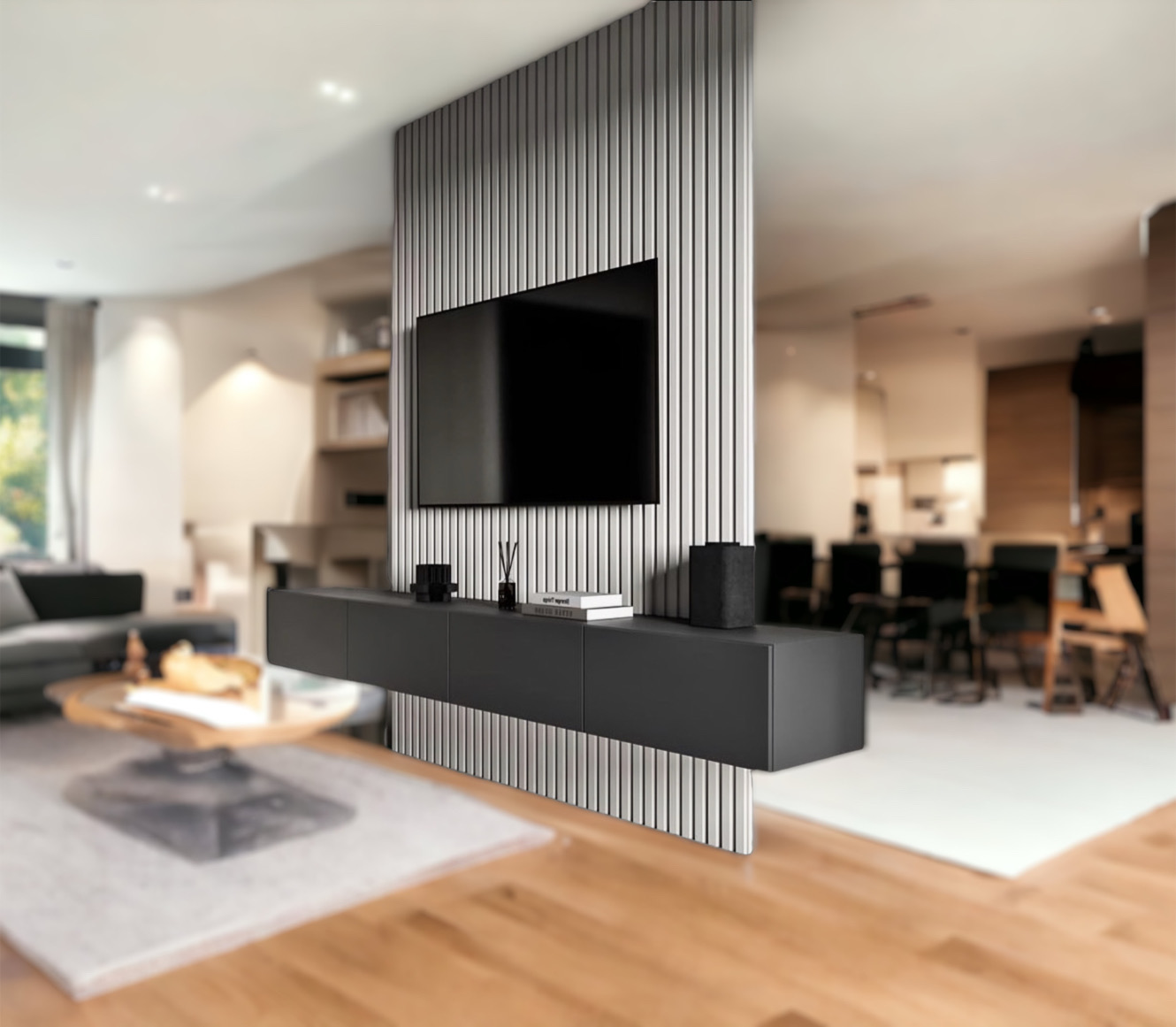 Luxury design mobile Tv cassetti sospesi e parete divisoria listelli di  legno Open space - XLAB Design
