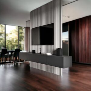 Luxury design mobile Tv cassetti sospesi e parete divisoria listelli di legno Open space