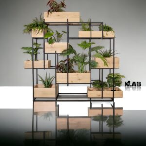 Mobile libreria in ferro con piante verdi in vaso di legno – L165 H 175 P 35 cm – Gardenia