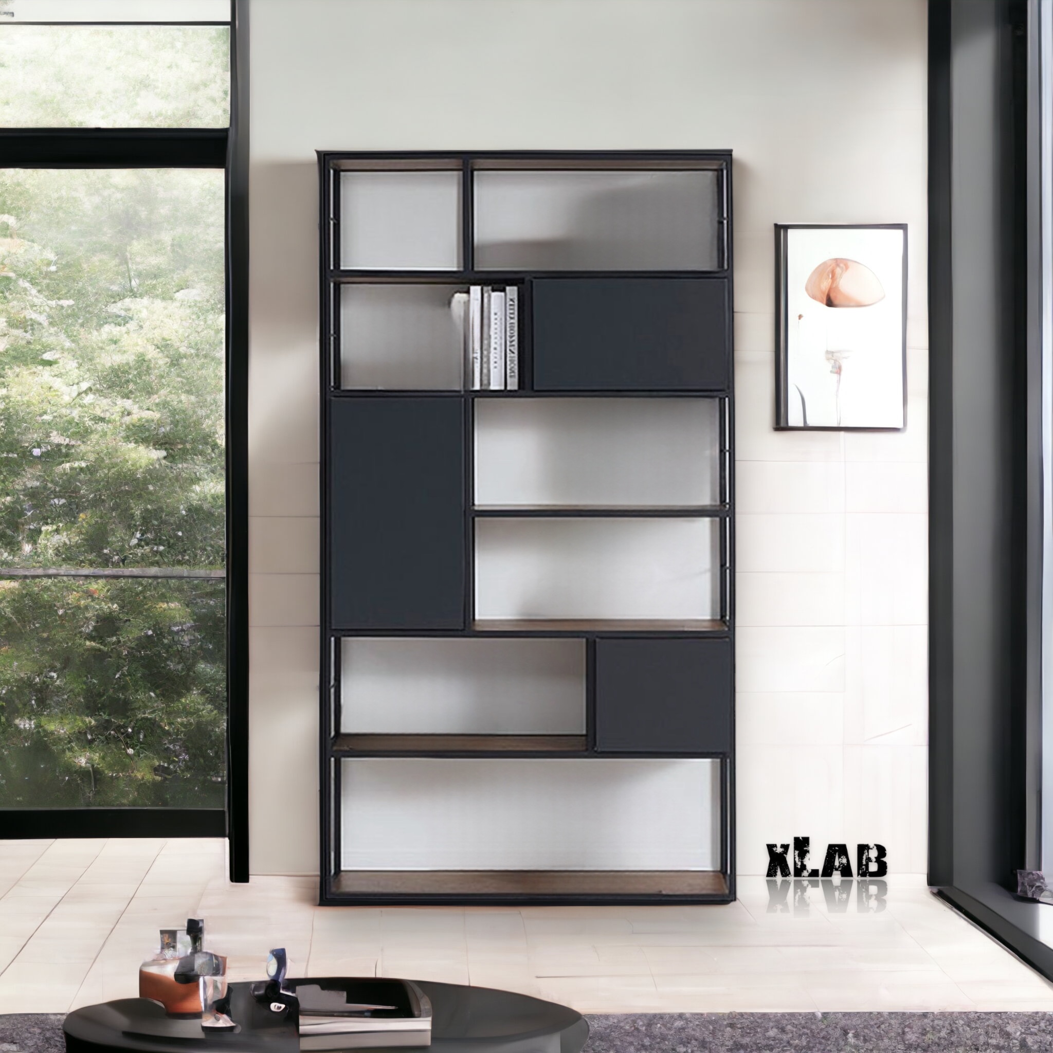 Libreria mobile in ferro grigio antracite con ripiani e ante L120 H180 P35  cm - XLAB Design