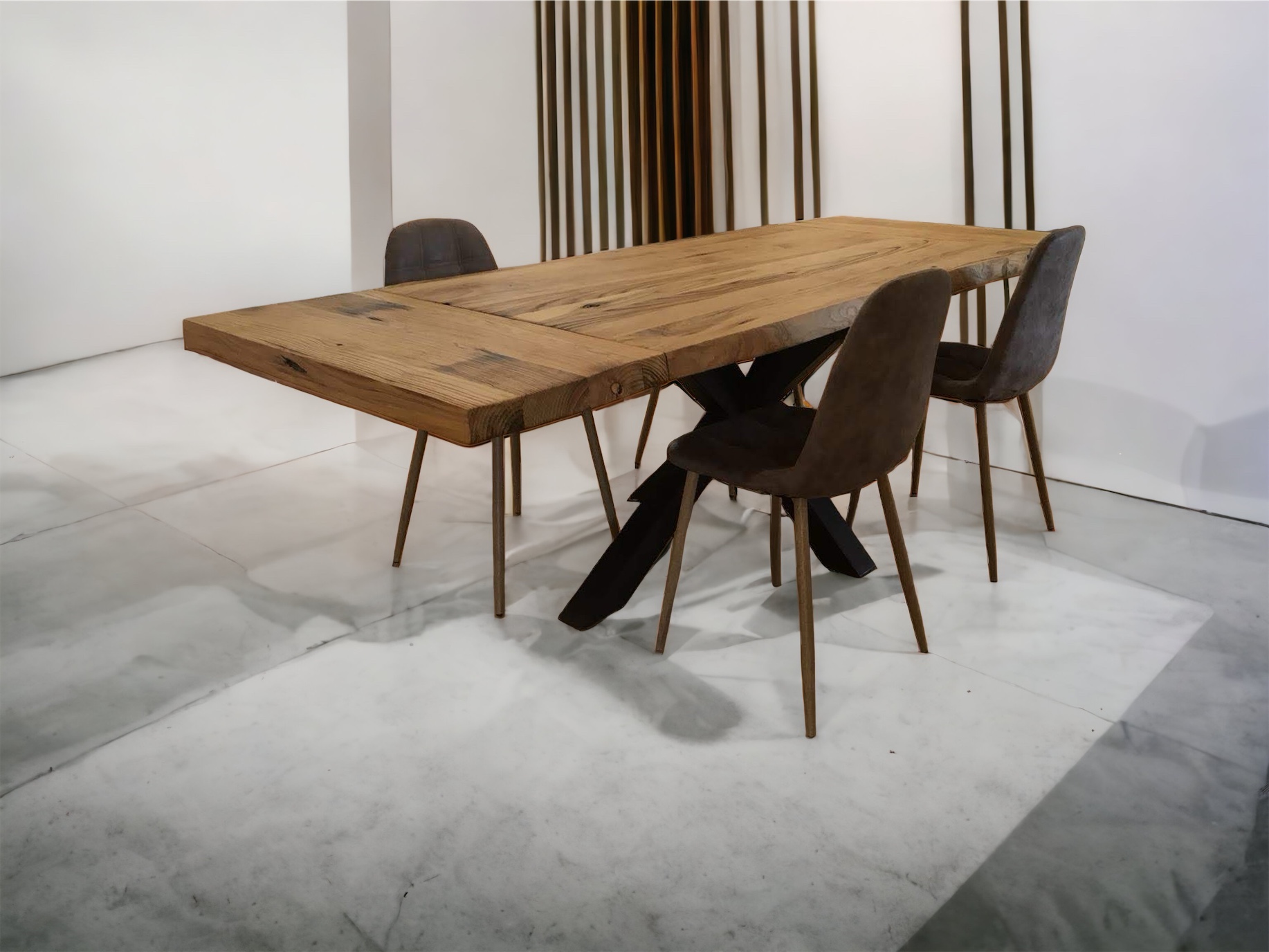 Tavolo allungabile in legno massello e gamba centrale in ferro L 200 x 100  cm con 2 prolunghe da 40 cm - XLAB Design