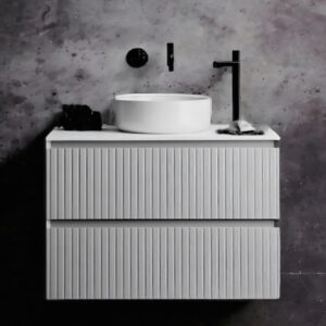 Piccolo Mobile da bagno sospeso con cassetti in listelli di legno bianco – Evans L 70 H 60 P 45 cm