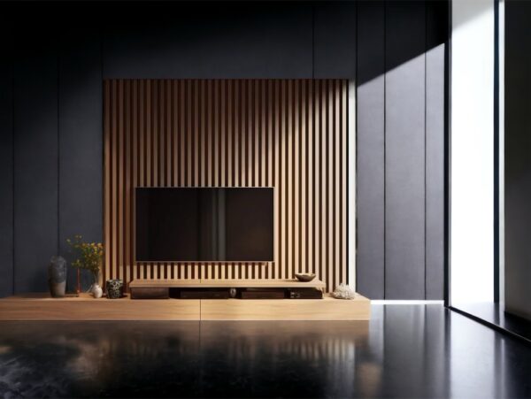 mobile design parete soggiorno listelli di legno