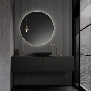 Mobile da bagno sospeso con cassetti e boiserie listelli di legno laccato grigio antracite
