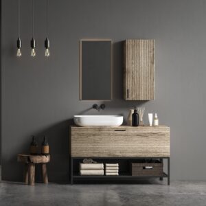 Mobile da bagno design industrial legno e ferro pensile e specchio L 140 x 50 cm modello Arianna