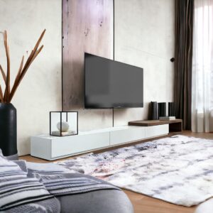 Mobile porta Tv di design moderno cassetti bianco e top massello Teak