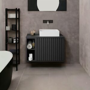 Mobile da bagno sospeso con cassetto in listelli di legno grigio antracite – Evans L 80 H 60 P 50 cm