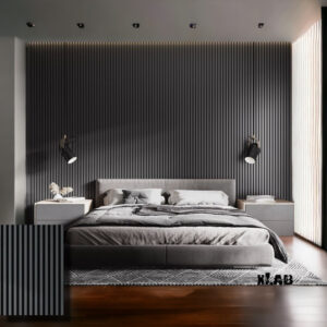 Pannello boiserie listelli legno laccato grigio