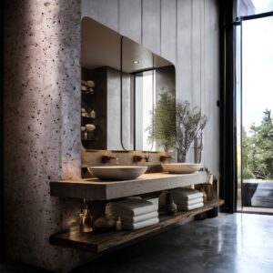 Arredare il bagno Mensola sospesa effetto cemento per lavabo e mensola in legno massello L 180×50 cm