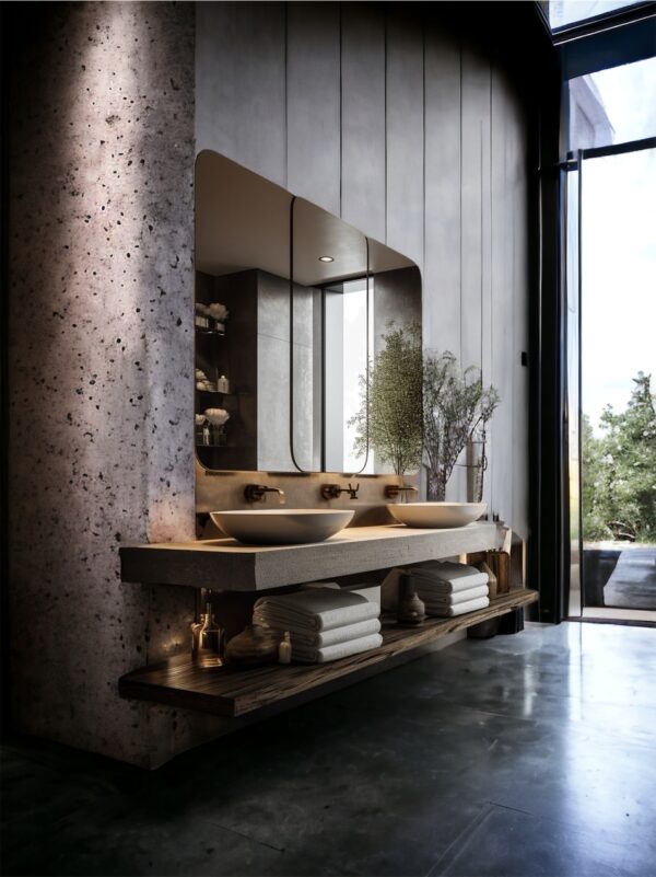 Arredare il bagno con lavabile in appoggio mensola sospesa sospesa effettuo Cemento e legno