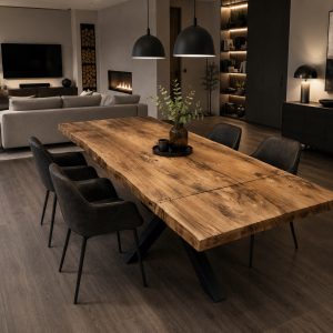 Tavolo allungabile in legno massello e gamba centrale in ferro stile industriale L 180 fino a 280 cm – Verard