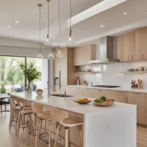 Isola cucina di design effetto marmo di carrara e legno naturale fatta a mano su misura