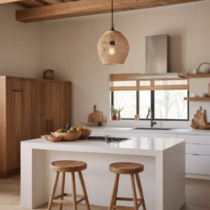 Isola cucina di design effetto total White e legno naturale fatta a mano su misura