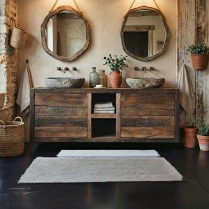 Mobile da bagno stile rustico legno antico lavabo da appoggio in pietra L 160 x 50 H 60 cm