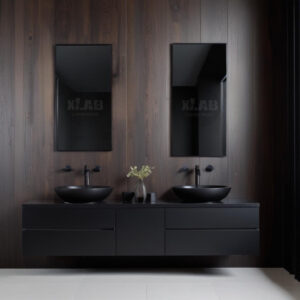 Mobile Bagno Sospeso di Design dark wood 4 cassetti 1 anta | 2 lavabi Omaggio