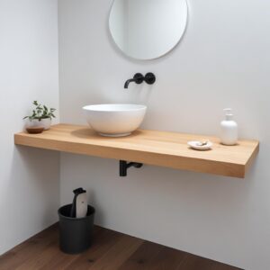 Mensola da bagno in legno massello di castagno naturale per lavabo d’appoggio 150 x 50 cm