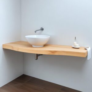Mensola da bagno in legno massello di castagno naturale per lavabo d’appoggio