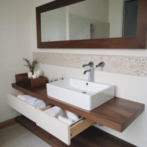 Top e mensole da bagno per lavabo d’appoggio – Legno colore Noce L 150 x 50 H 8 cm – Danila