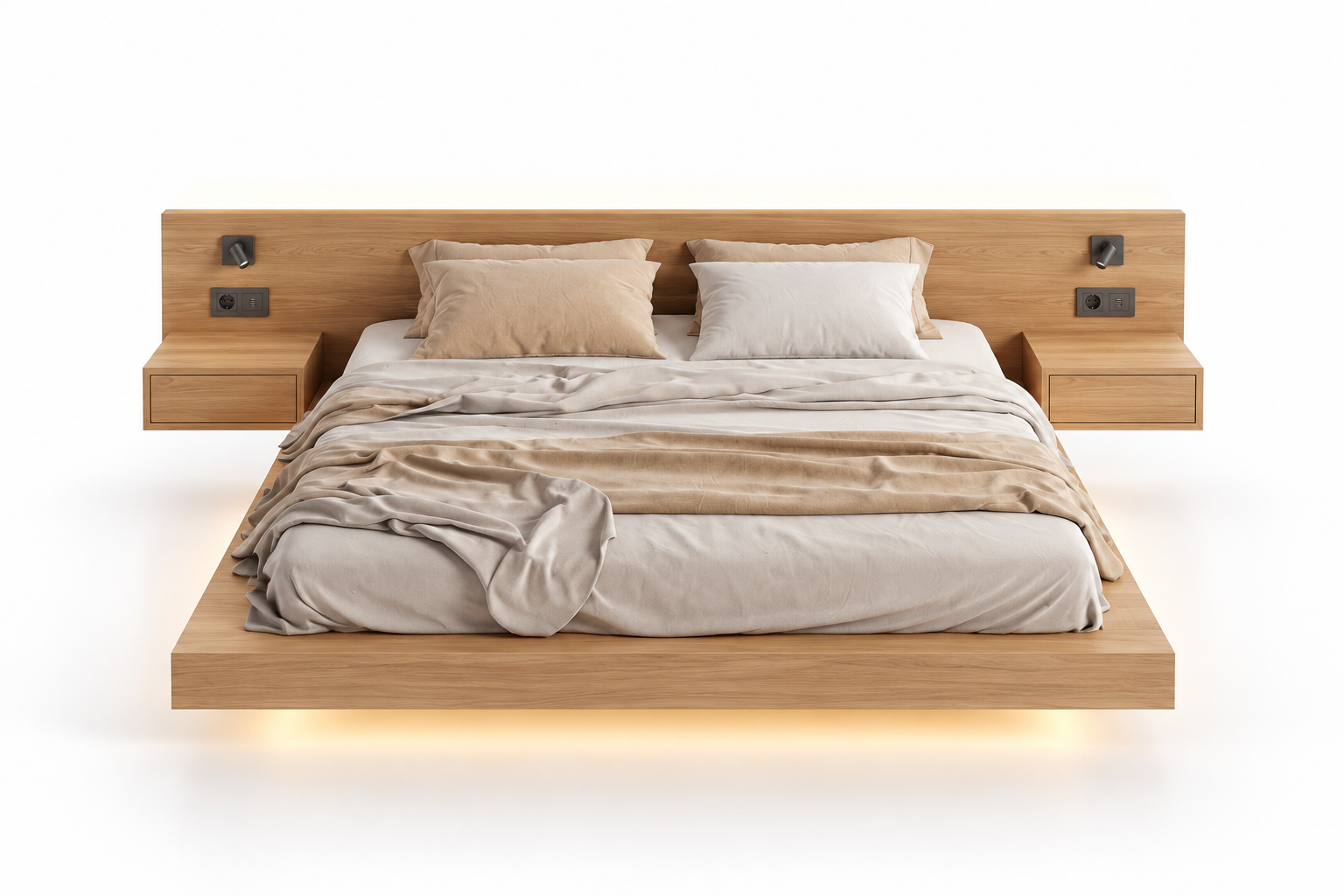 Letto in legno, King size rete sospesa a muro Letto matrimoniale, rovere con rete d’acciaio sospesa