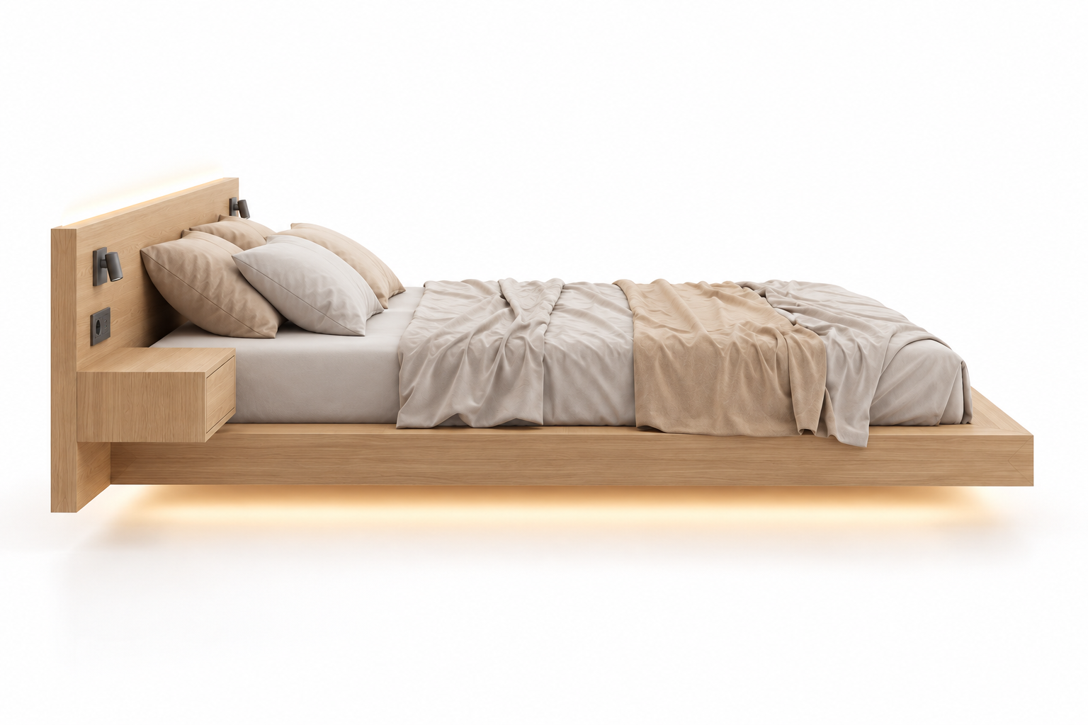 Detto sospeso, legno di rovere anche su misura Immagine vista laterale elettro sospeso in aria con LED in leg