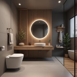 Arredo bagno design nordico minimalista cassetti sospesi e boiserie di legno – Runa rovere