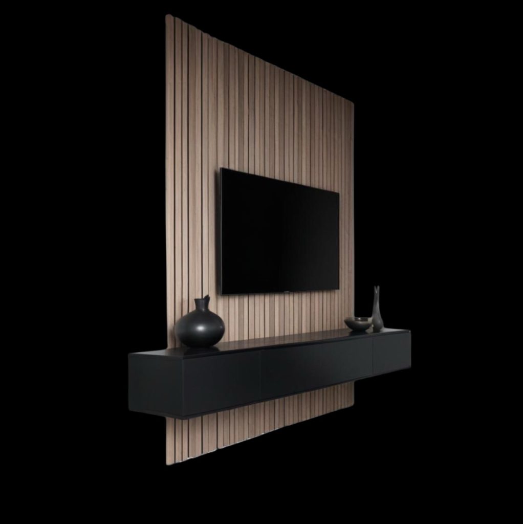 Porta TV boiserie, listelli di legno verticali